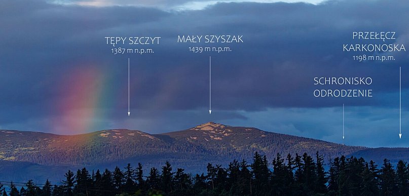 Tęcza nad Karkonoszami o świcie
